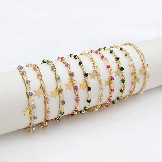 Custom Handmade Fashion Gold Plated Natural Stone Double Layer Charm Bracelet