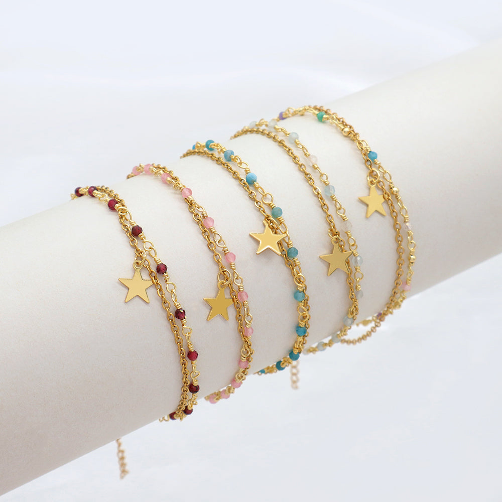 Custom Handmade Fashion Gold Plated Natural Stone Double Layer Charm Bracelet