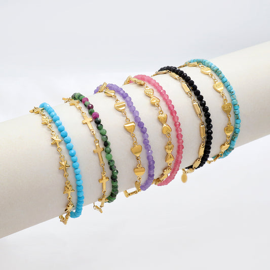 Custom Handmade Fashion Charm Natural Stone With Stainless Steel Double Layer Bracelet Bracelet