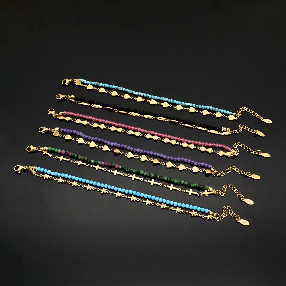 Custom Handmade Fashion Charm Natural Stone With Stainless Steel Double Layer Bracelet Bracelet