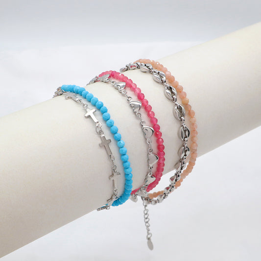 Custom Handmade Fashion Charm Natural Stone With Stainless Steel Double Layer Bracelet Bracelet