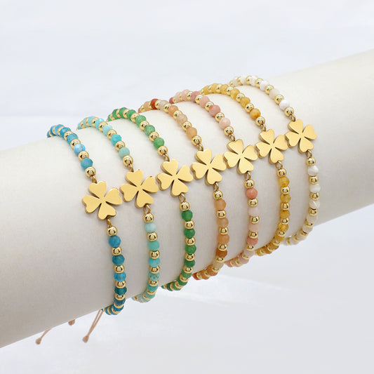 Custom Handmade Macrame Adjustable Gold Plated Stainless Steel Charm Natural Stone Bracelet