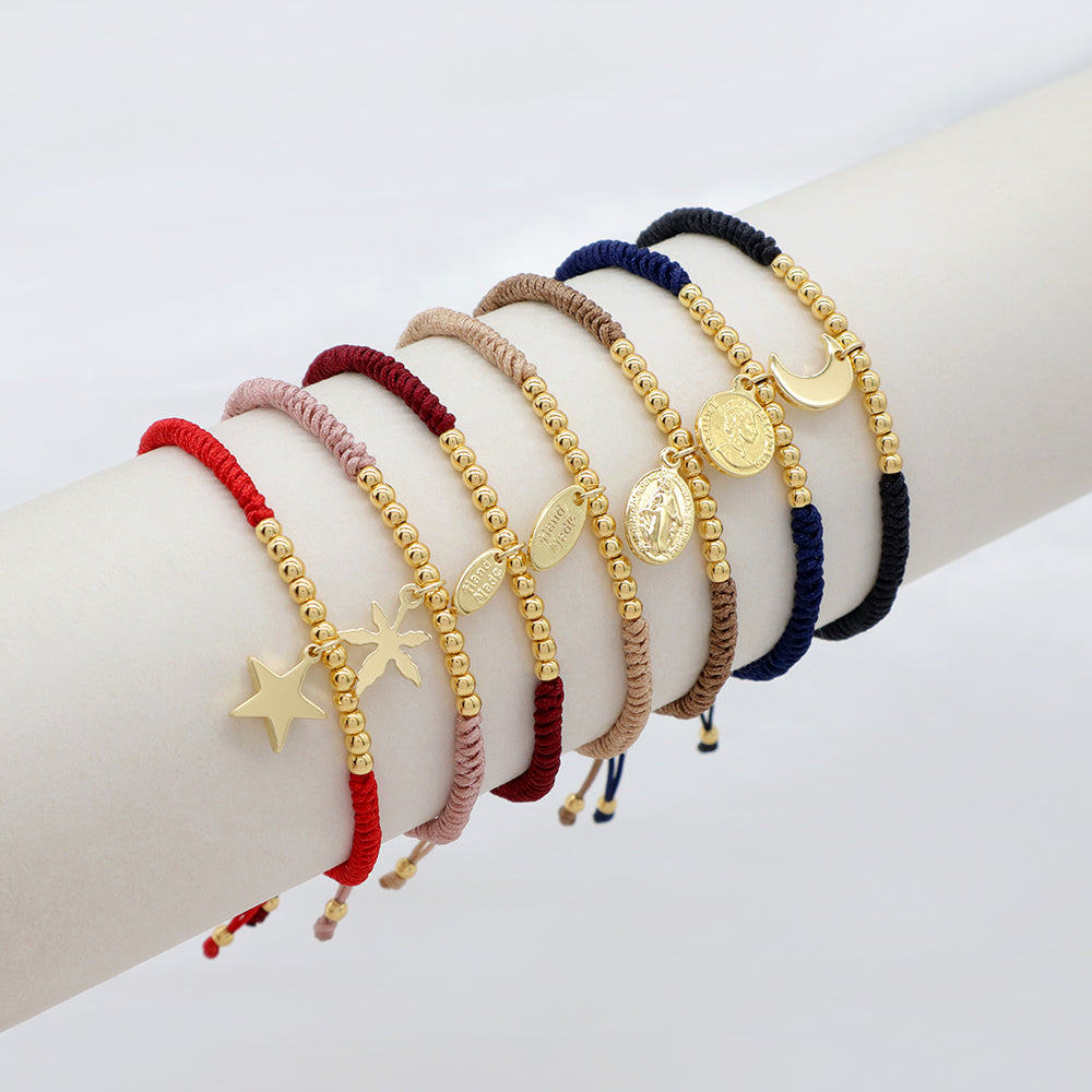 Handmade Customizable Brass Pendant Cotton Thread Gold Plated Bracelet