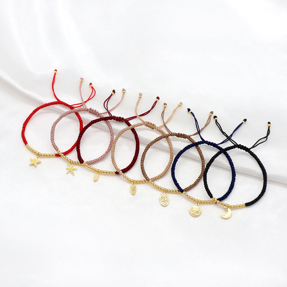 Handmade Customizable Brass Pendant Cotton Thread Gold Plated Bracelet