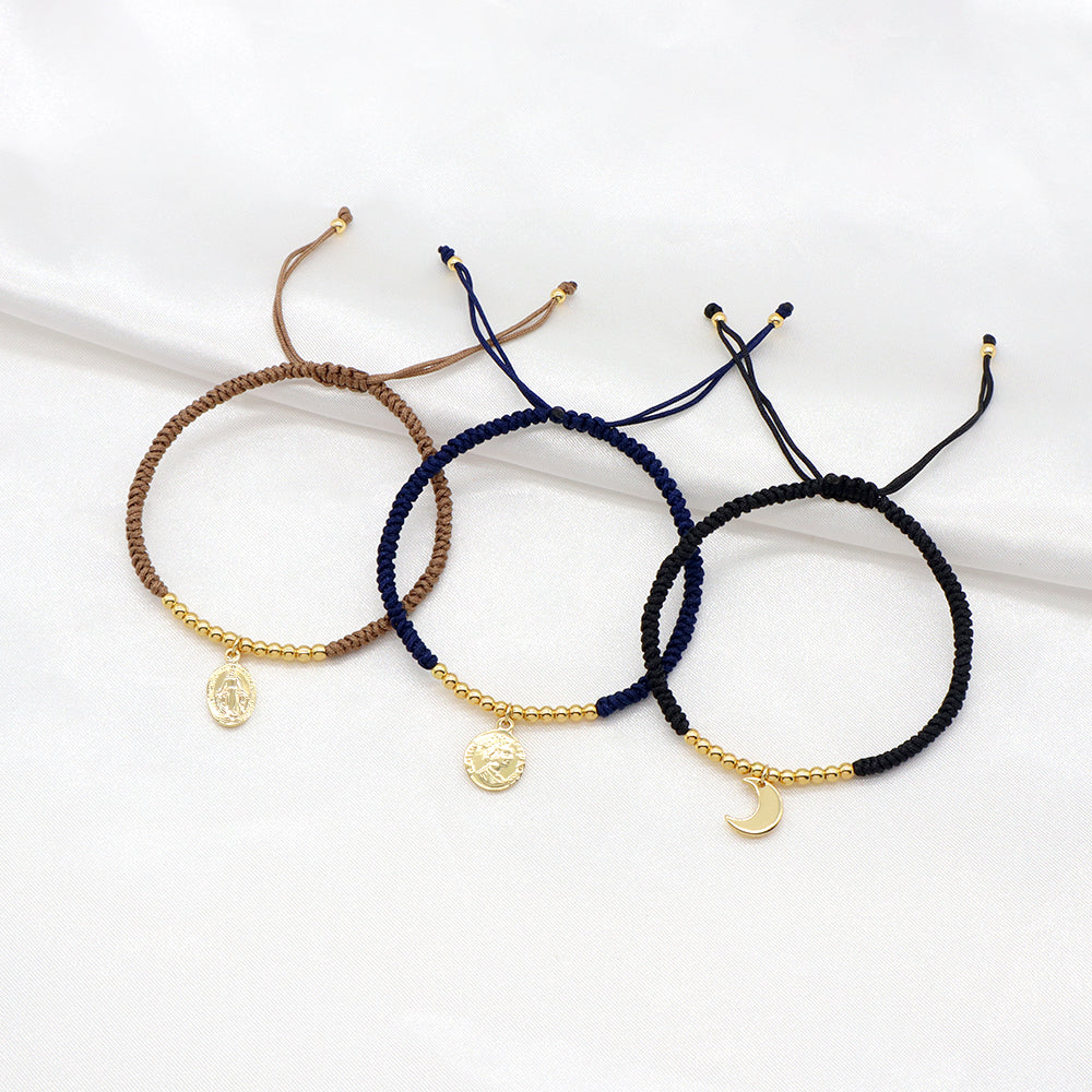 Handmade Customizable Brass Pendant Cotton Thread Gold Plated Bracelet