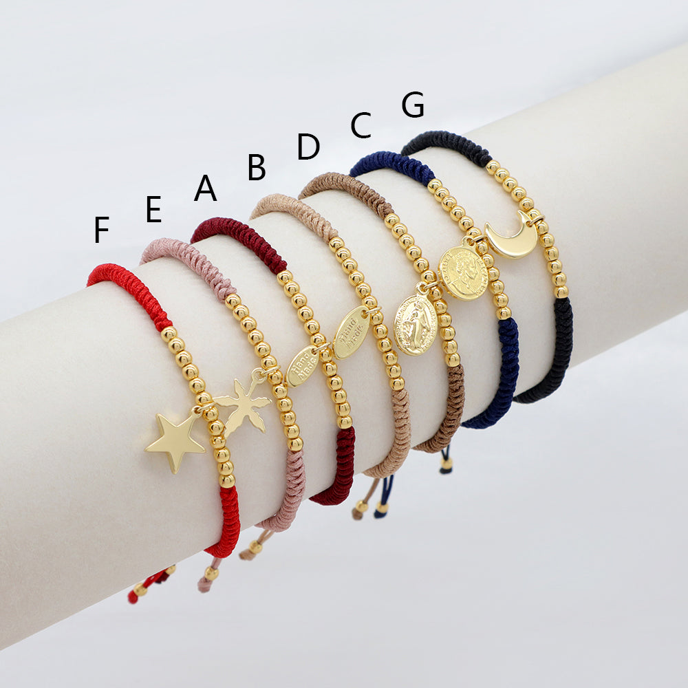 Handmade Customizable Brass Pendant Cotton Thread Gold Plated Bracelet