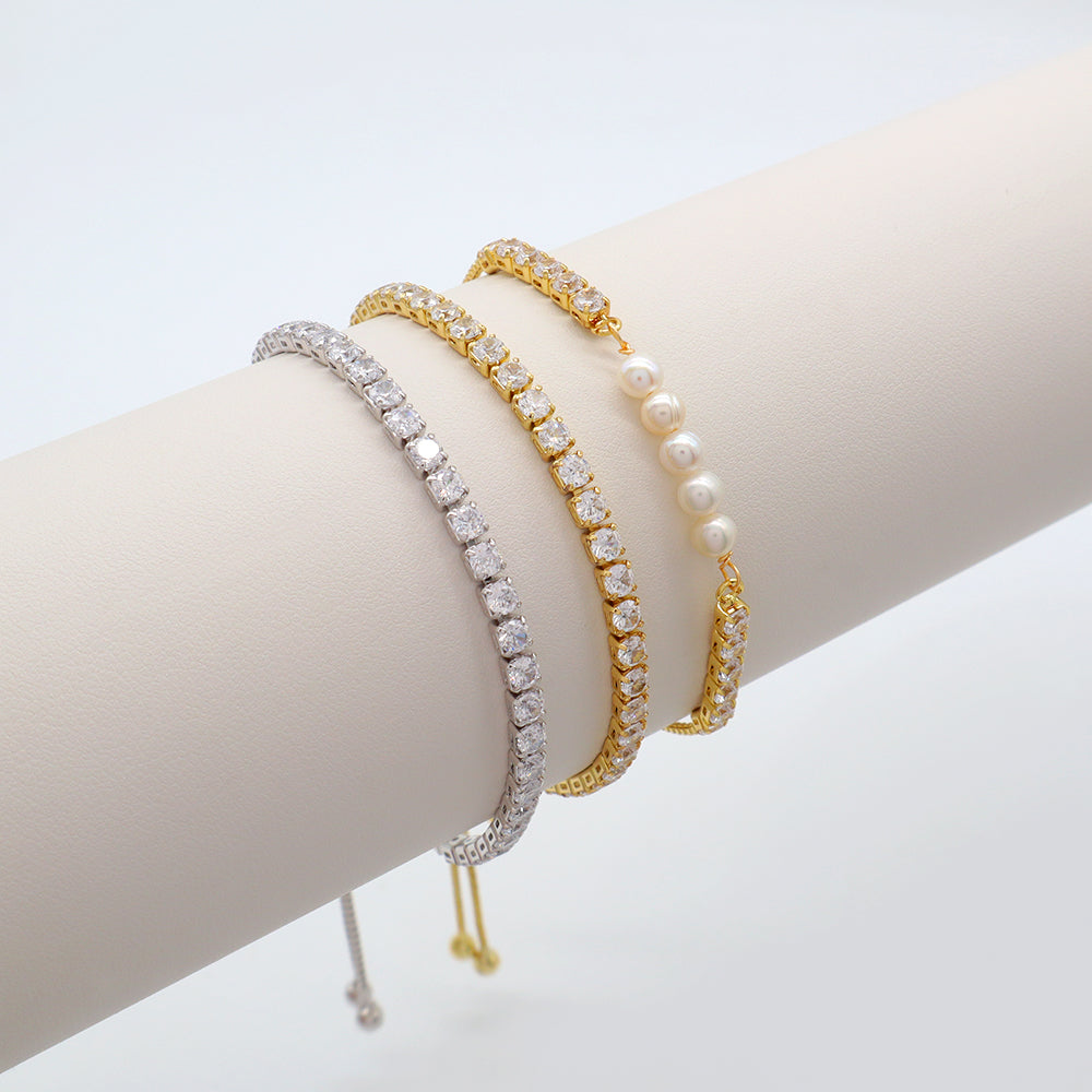 Handmade Customizable CZ Bracelet With Fresh Water Pearl Ajustable Rhodium Plated Bracelet