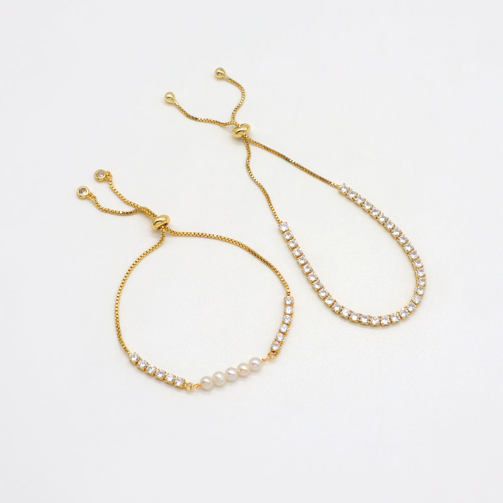 Handmade Customizable CZ Bracelet With Fresh Water Pearl Ajustable Rhodium Plated Bracelet