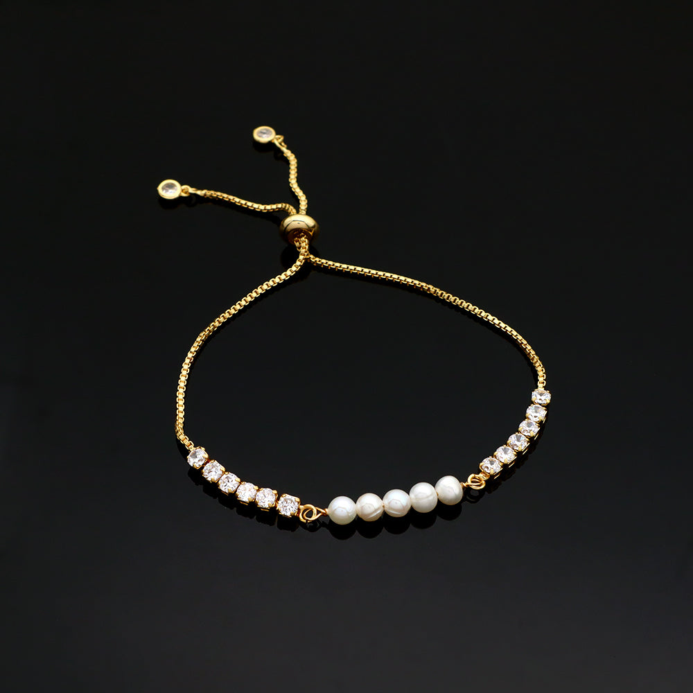 Handmade Customizable CZ Bracelet With Fresh Water Pearl Ajustable Rhodium Plated Bracelet
