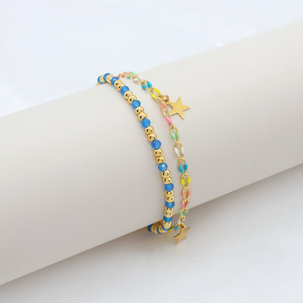 Handmade Customizable Natural Stone Double Layer Blue agate Brass Bracelet