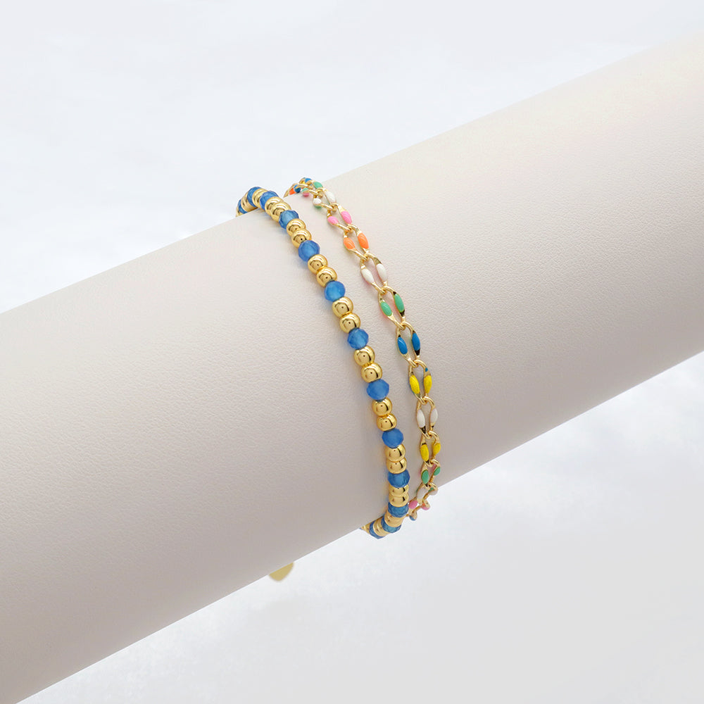 Handmade Customizable Natural Stone Double Layer Blue agate Brass Bracelet