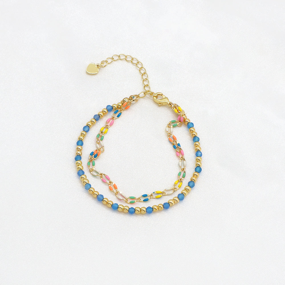 Handmade Customizable Natural Stone Double Layer Blue agate Brass Bracelet