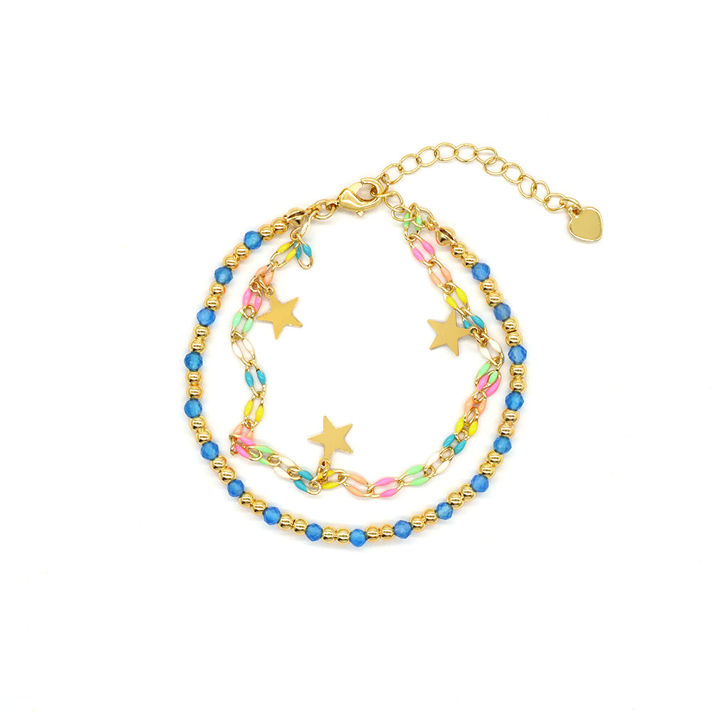 Handmade Customizable Natural Stone Double Layer Blue agate Brass Bracelet