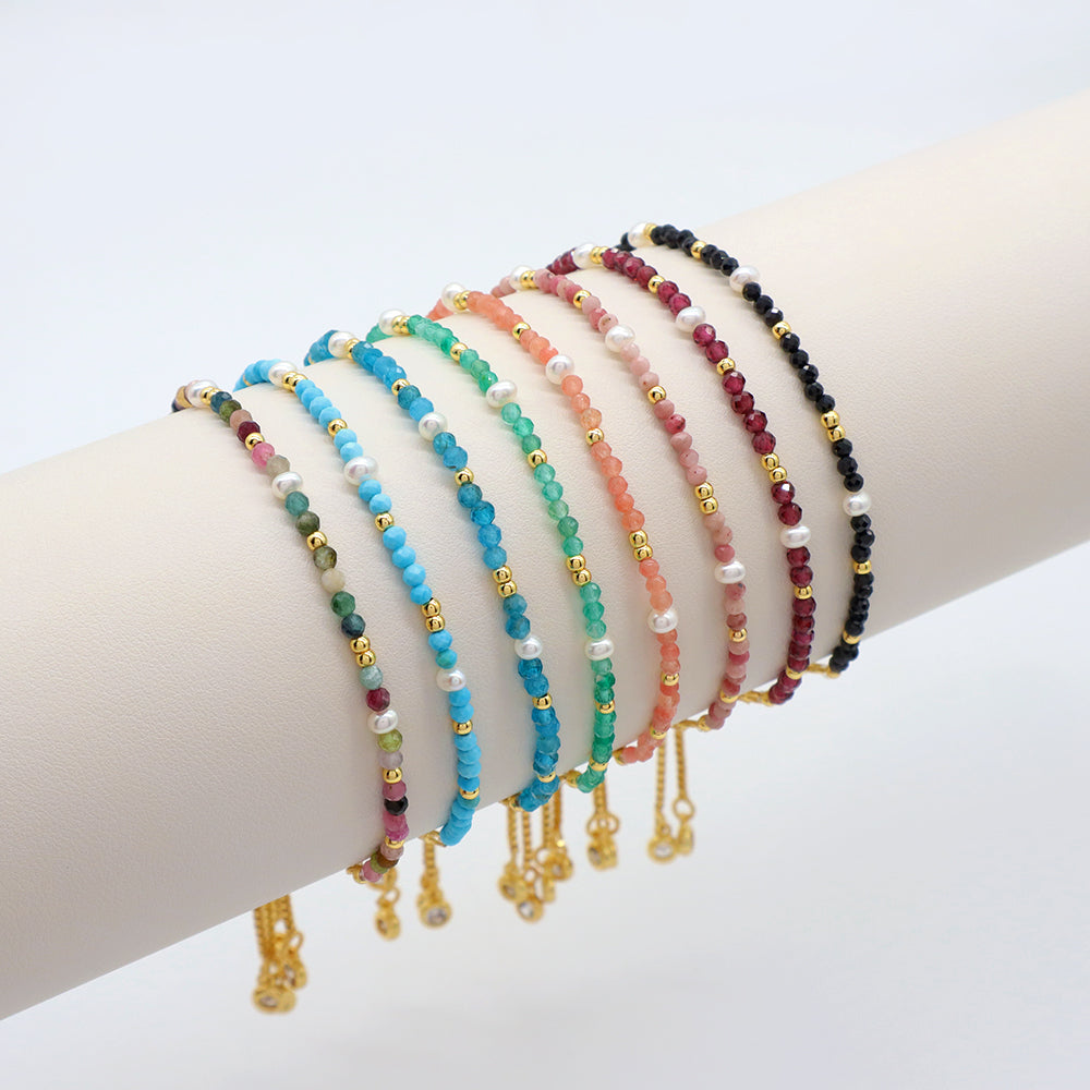 Handmade Customizable Ajustable Natural Stone With Fresh Water Pearl Bracelet
