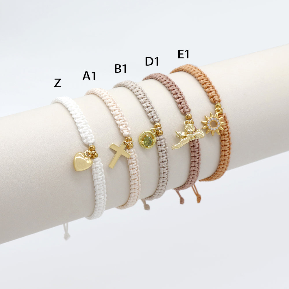 Handmade Customizable Brass Charm Bracelet With Cotton Wire