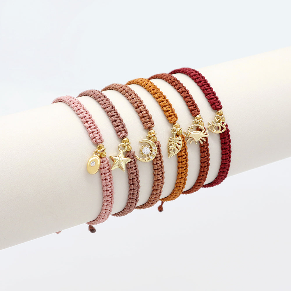 Handmade Customizable Brass Charm Bracelet With Cotton Wire