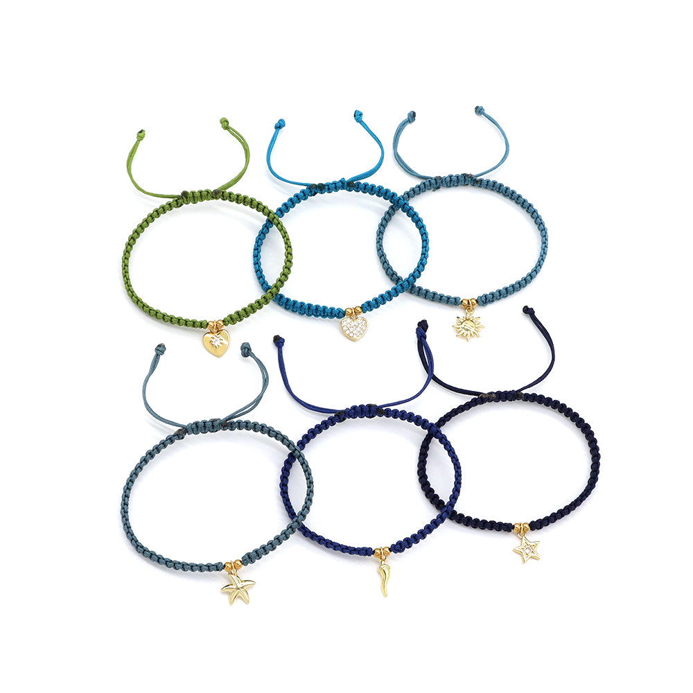 Handmade Customizable Brass Charm Bracelet With Cotton Wire