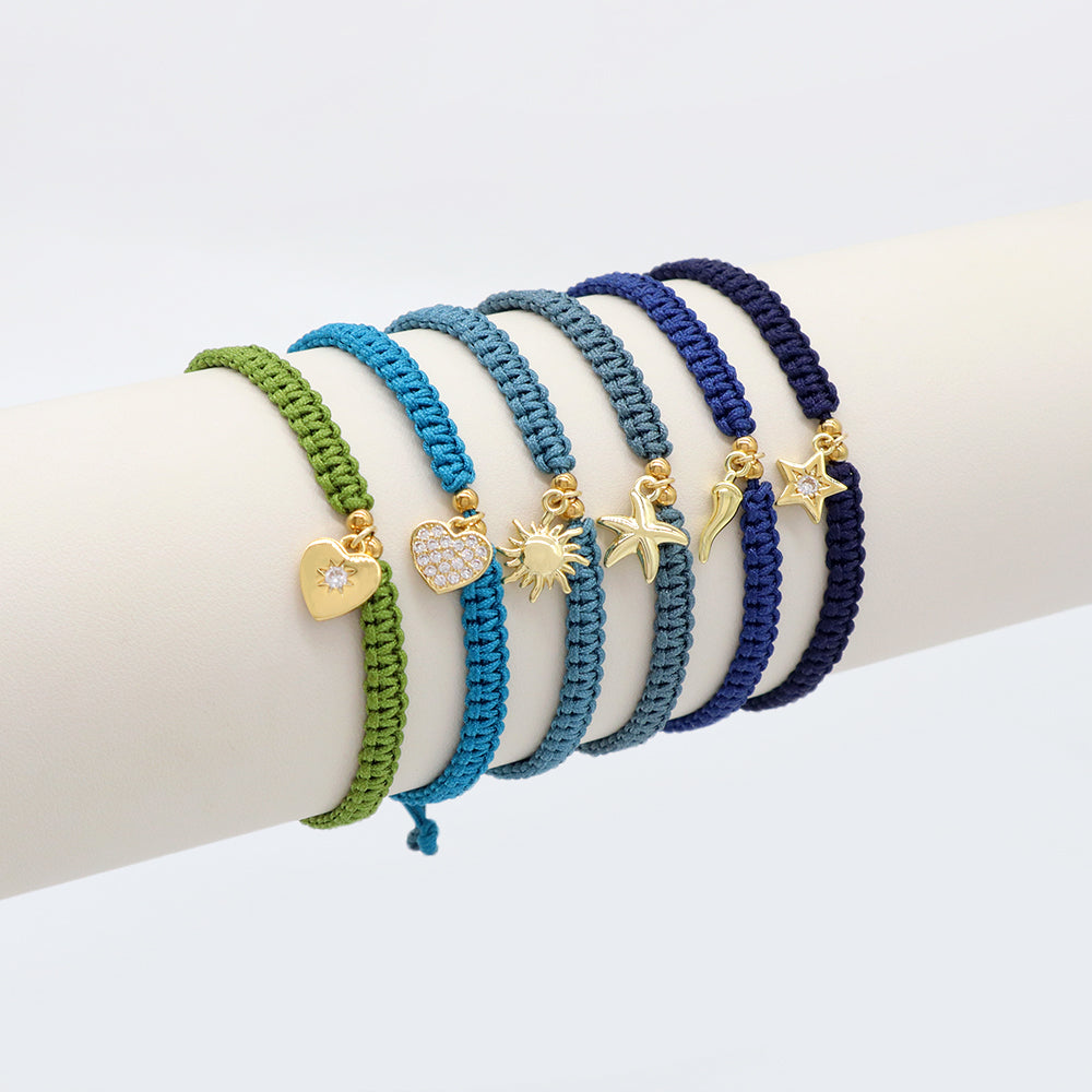 Handmade Customizable Brass Charm Bracelet With Cotton Wire