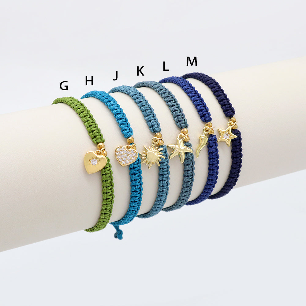 Handmade Customizable Brass Charm Bracelet With Cotton Wire
