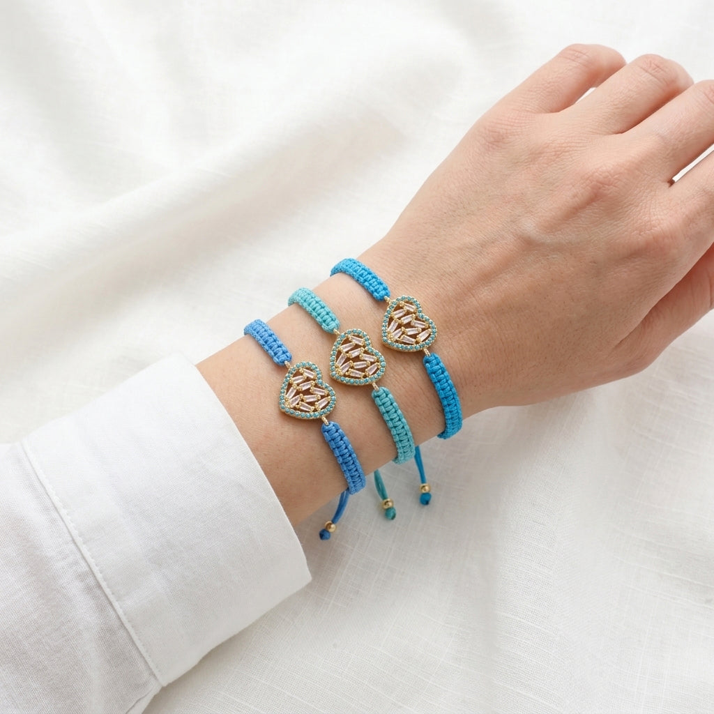 Handmade Customizable Brass Heart CZ Charm Bracelet With Cotton Wire