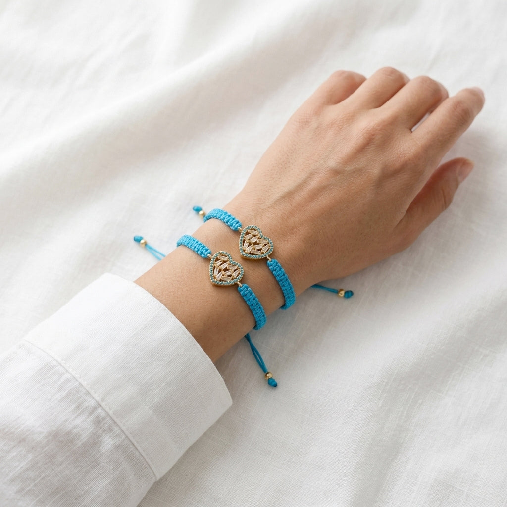 Handmade Customizable Brass Heart CZ Charm Bracelet With Cotton Wire