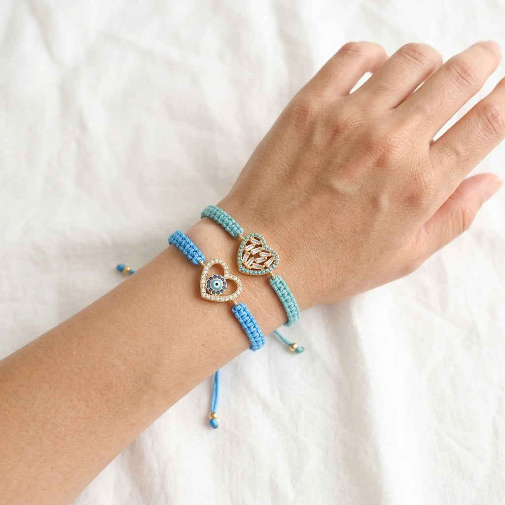 Handmade Customizable Brass Heart CZ Charm Bracelet With Cotton Wire