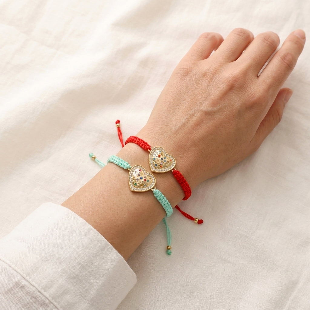 Handmade Customizable Heart Brass CZ Charm Bracelet With Cotton Wire