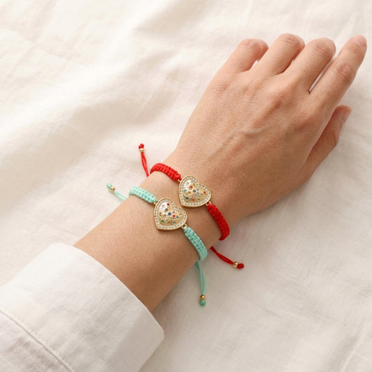 Handmade Customizable Heart Brass CZ Charm Bracelet With Cotton Wire