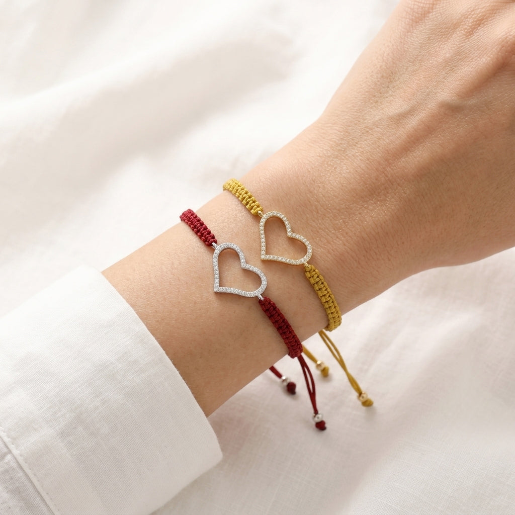 Hand-woven Customizable CZ Heart Brass Charm Bracelet With Cotton Wire