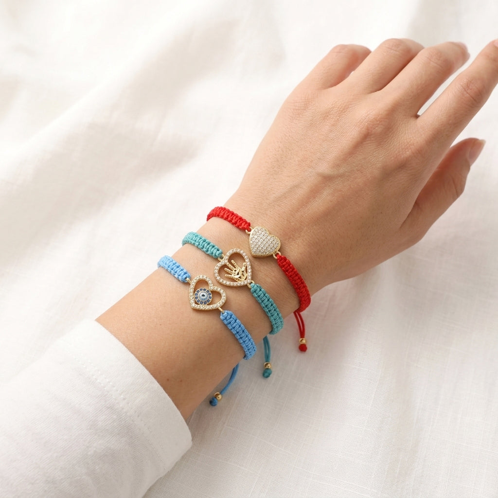 Hand-woven Customizable CZ Heart Brass Charm Bracelet With Cotton Wire
