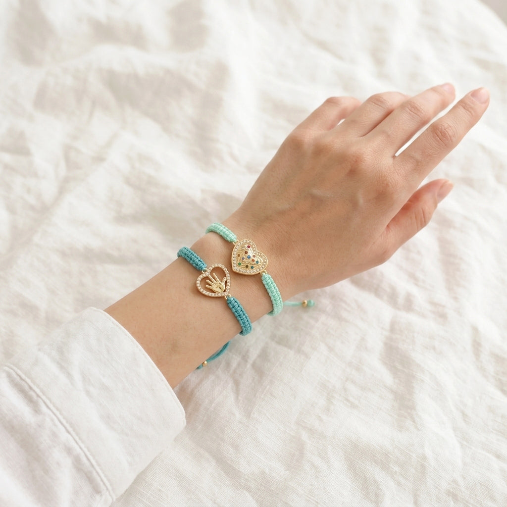 Hand-woven Customizable CZ Heart Brass Charm Bracelet With Cotton Wire