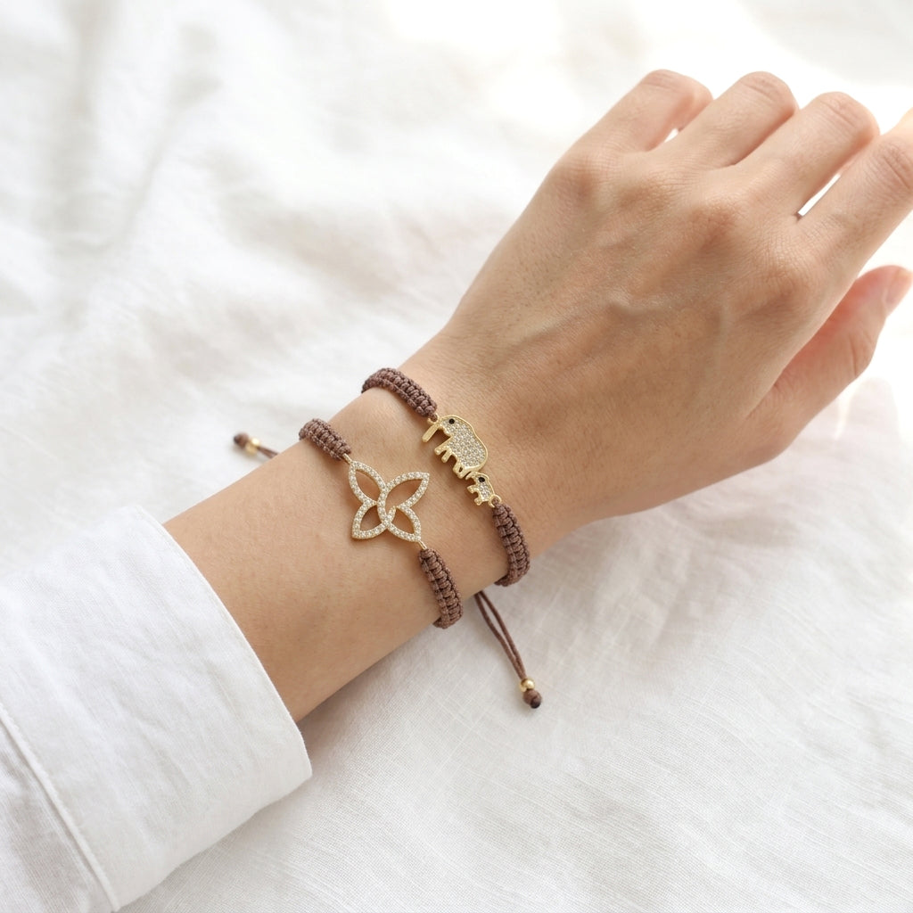Handmade Customizable Brass Elephant Butterfly Charm Bracelet With Cotton Wire