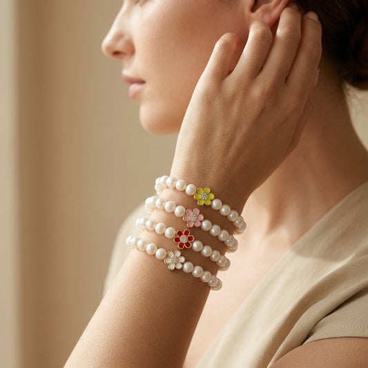 Handmade Customizable Fresh Water Pearl Bracelet With Enamel Charm