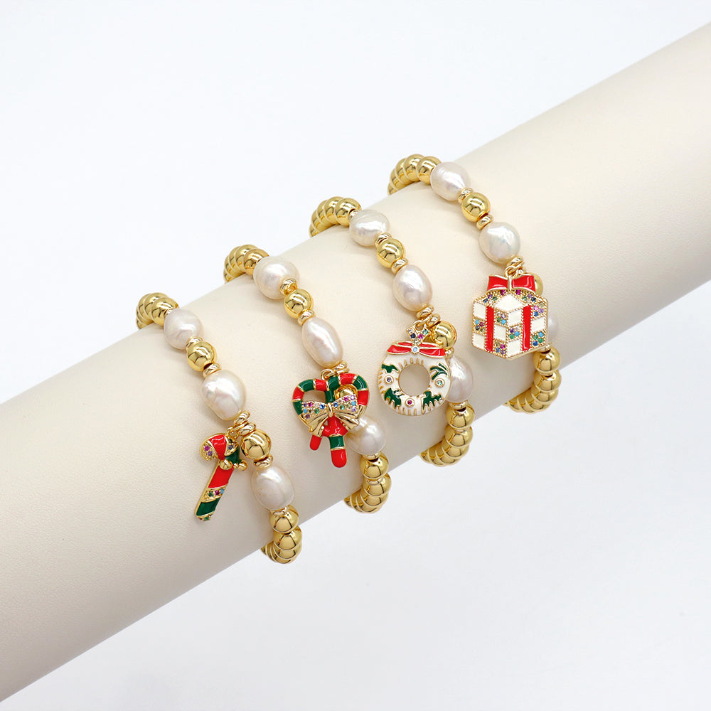 Handmade Customizable Brass Beads Fresh Water Pearl Bracelet With Enamel Charm