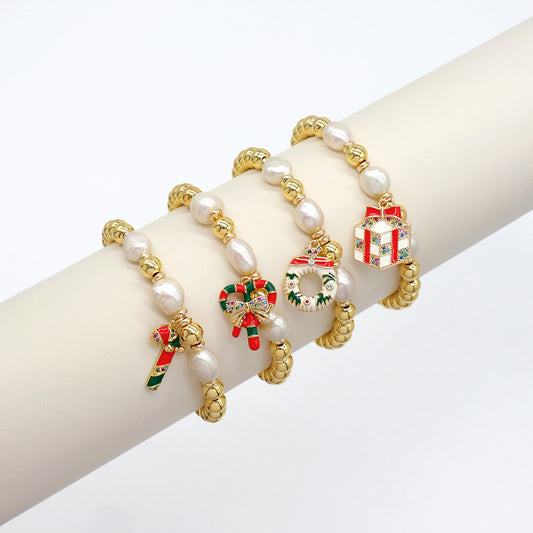 Handmade Customizable Brass Beads Fresh Water Pearl Bracelet With Enamel Charm