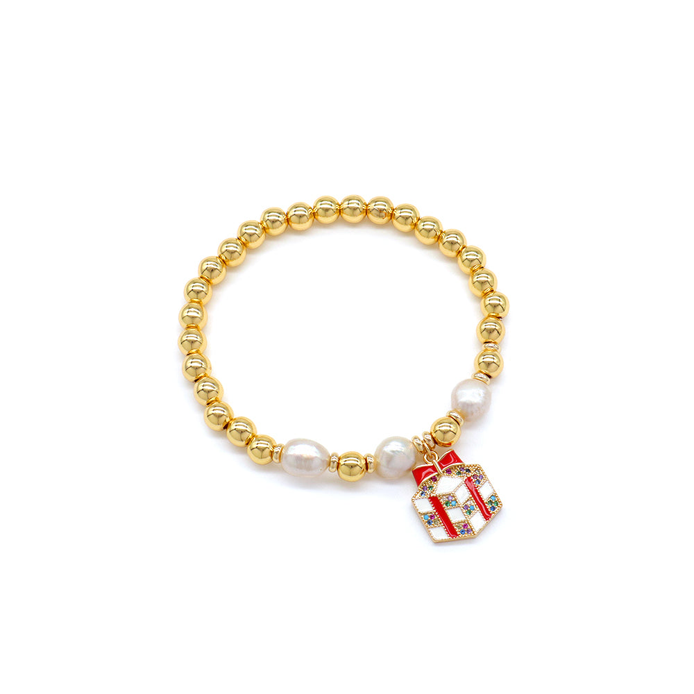 Handmade Customizable Brass Beads Fresh Water Pearl Bracelet With Enamel Charm