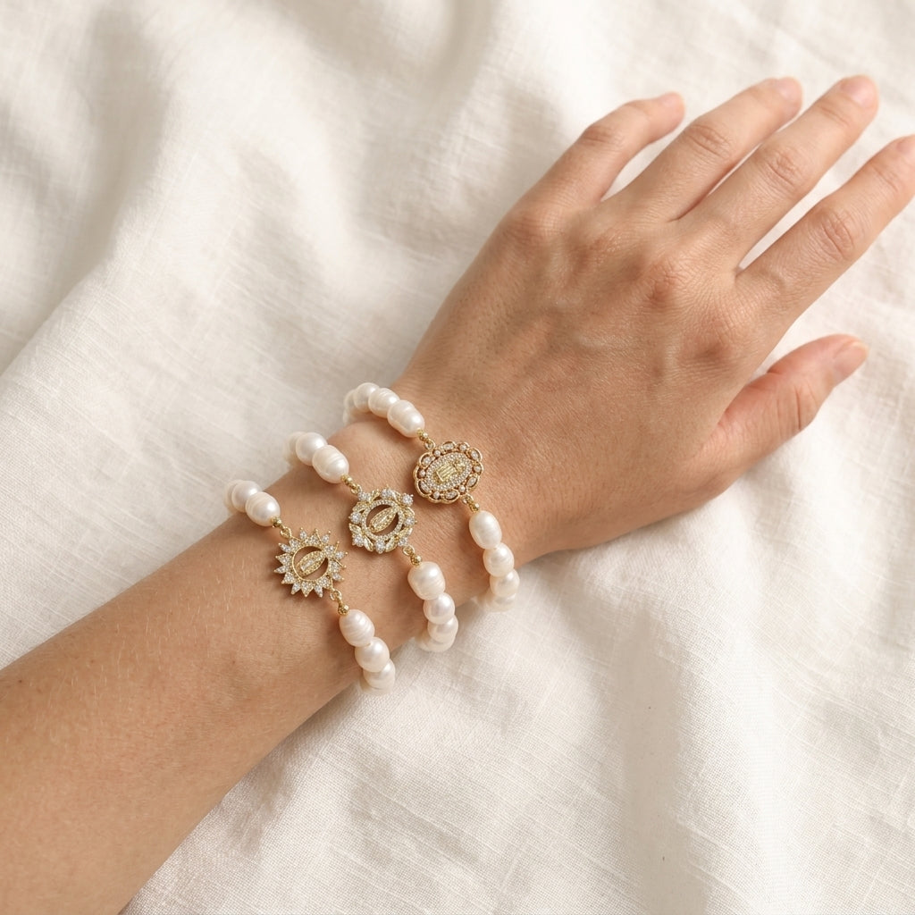 Handmade Customizable Fresh Water Pearl Bracelet With Brass Charm