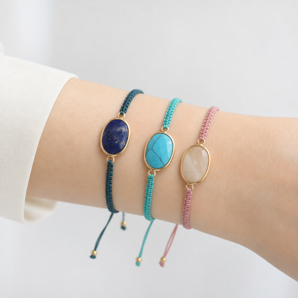 Handmade Customizable Natural Stone Charm Bracelet With Cotton Wire