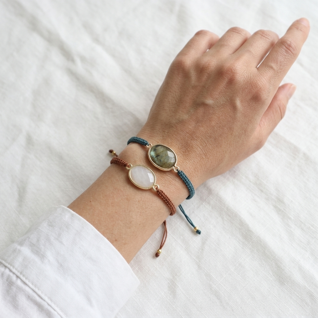 Handmade Customizable Natural Stone Charm Bracelet With Cotton Wire