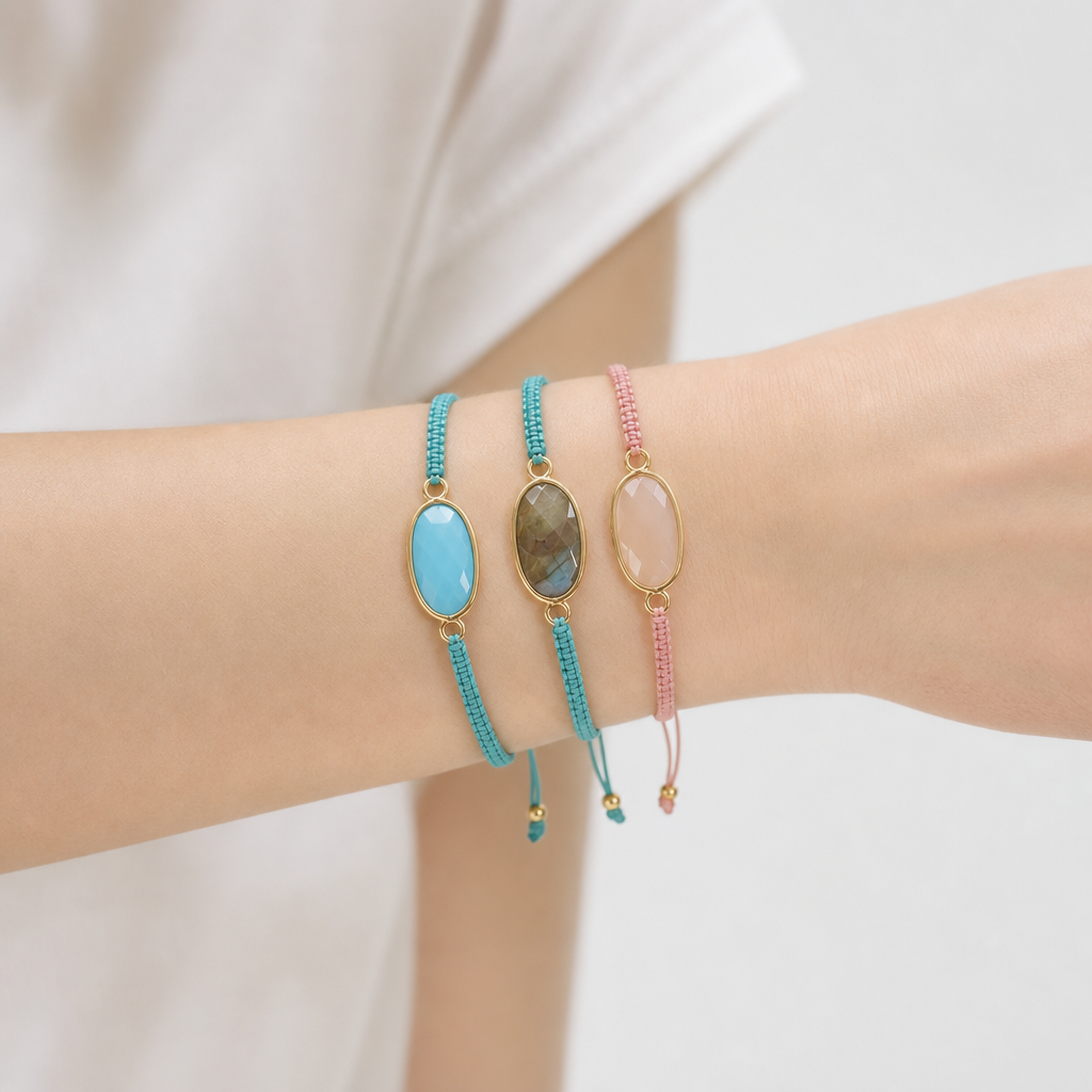 Handmade Customizable Natural Stone Charm Bracelet With Cotton Wire