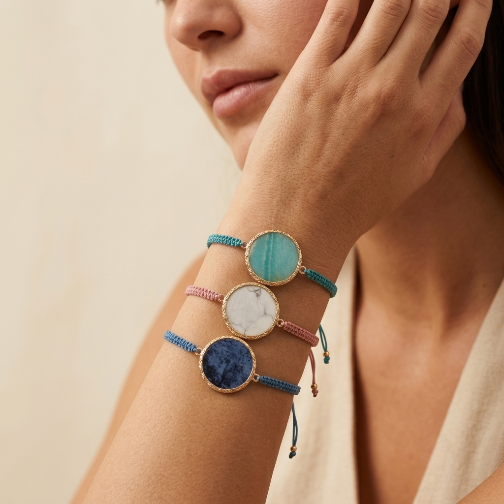 Handmade Customizable Natural Stone Charm Bracelet With Cotton Wire