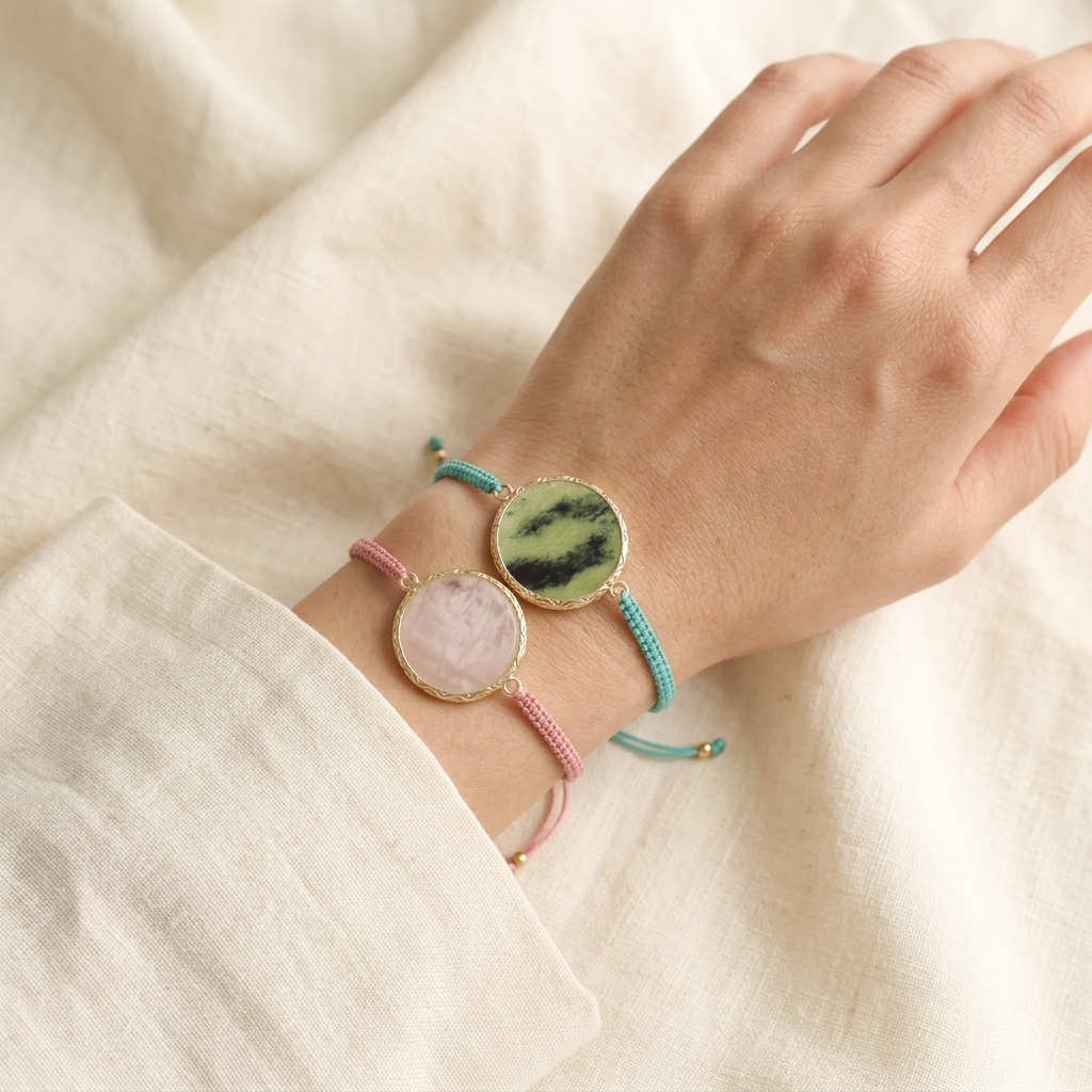 Handmade Customizable Natural Stone Charm Bracelet With Cotton Wire