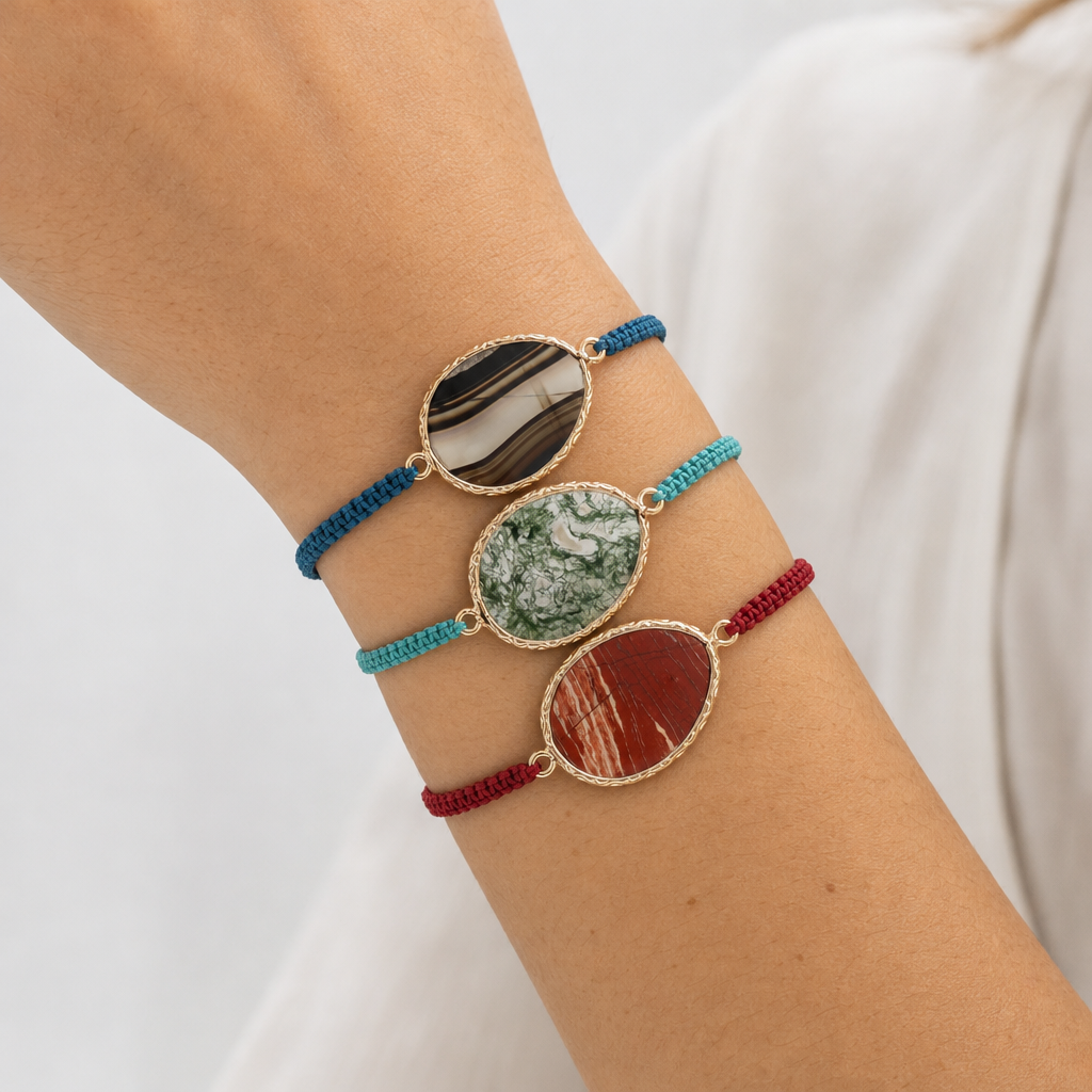 Handmade Customizable Natural Stone Charm Bracelet With Cotton Wire