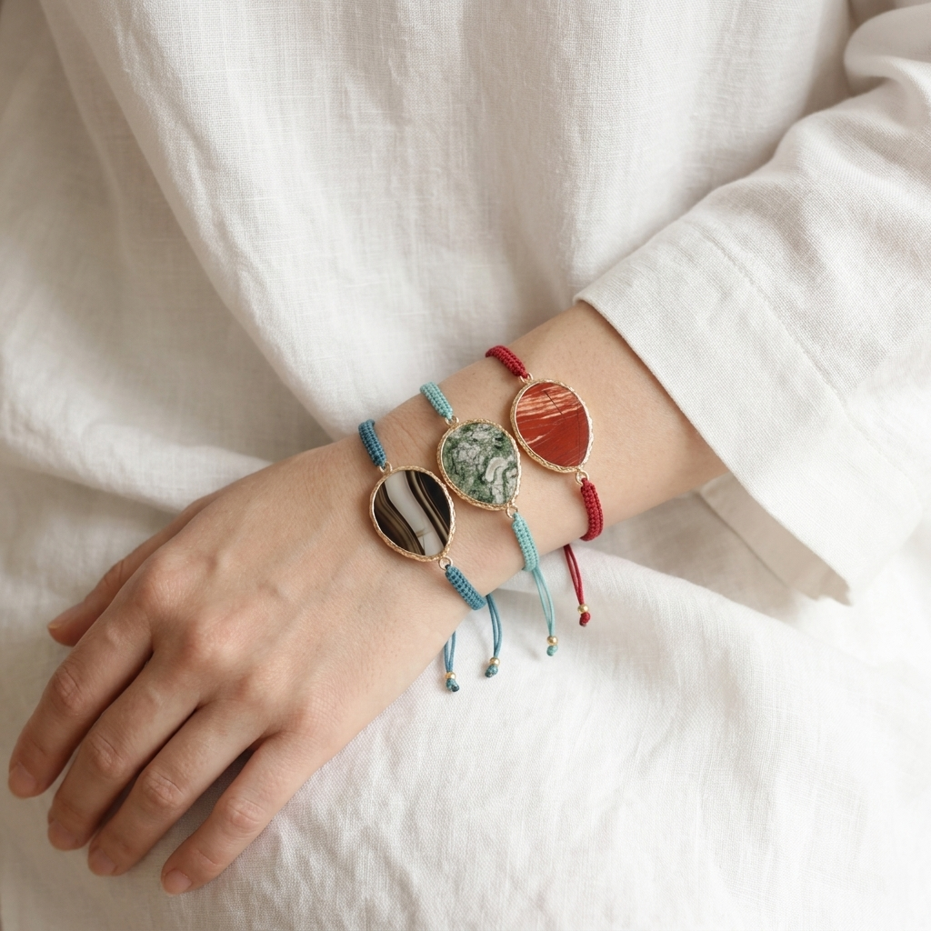 Handmade Customizable Natural Stone Charm Bracelet With Cotton Wire