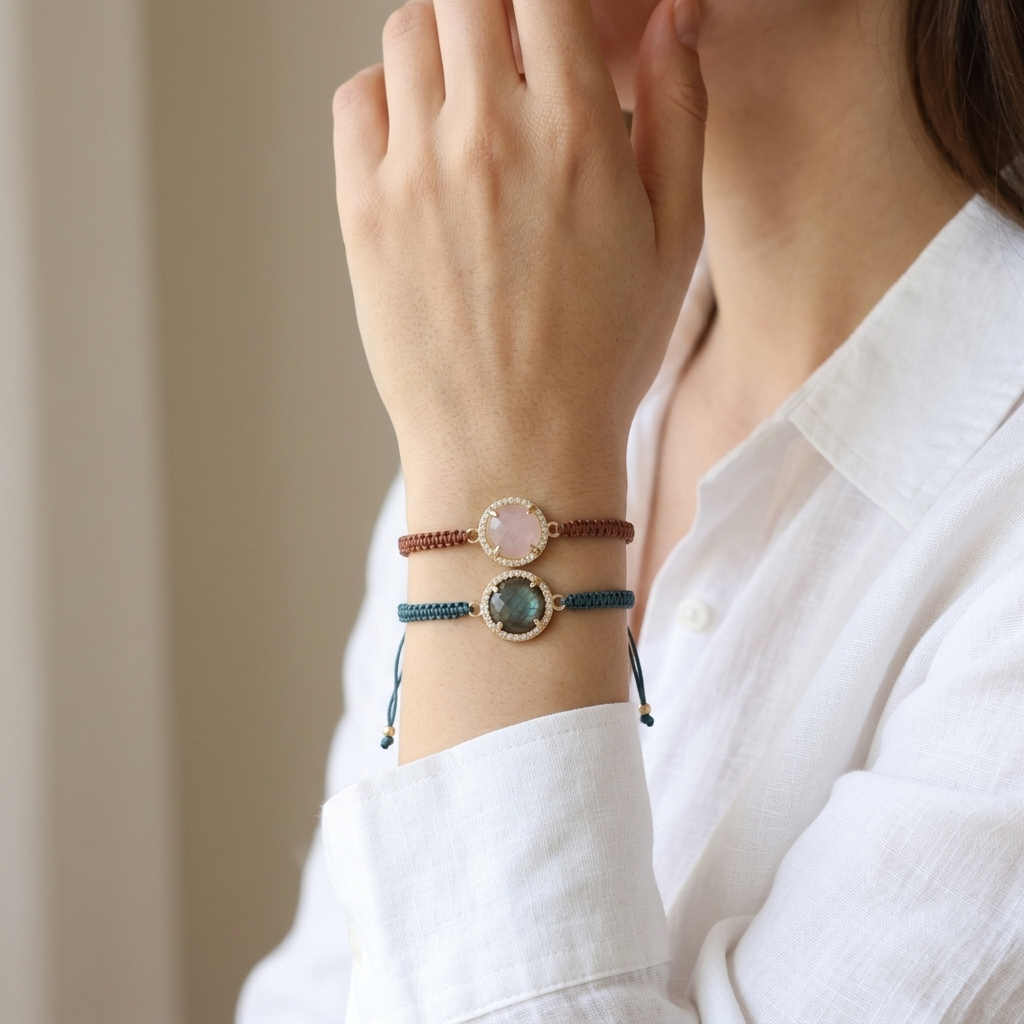 Handmade Customizable Natural Stone Charm Bracelet With Cotton Wire