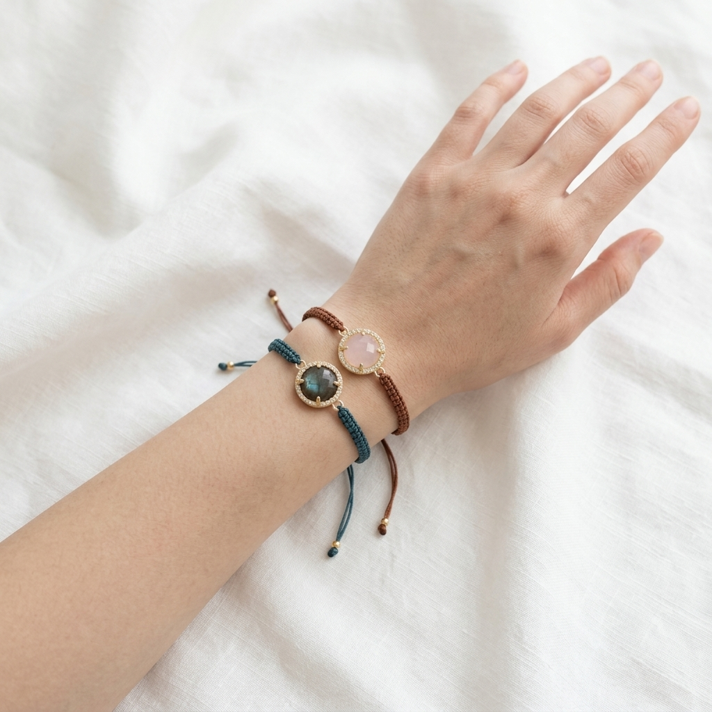 Handmade Customizable Natural Stone Charm Bracelet With Cotton Wire