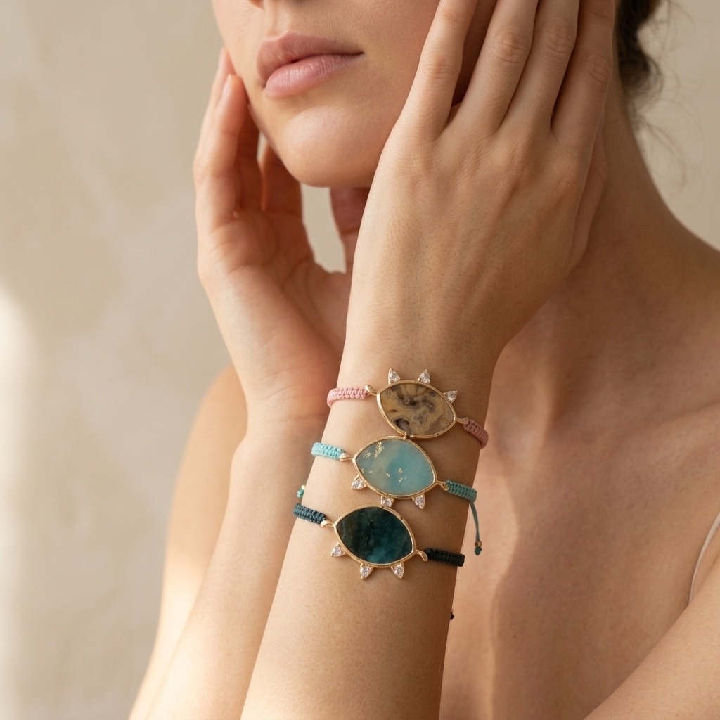 Handmade Customizable Natural Stone Charm Bracelet With Cotton Wire