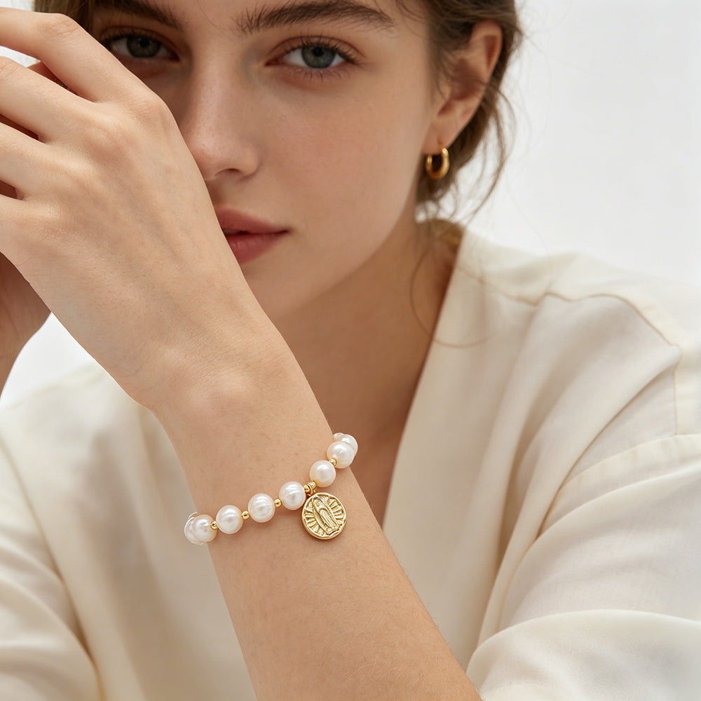 Handmade Customizable Fresh Water Pearl Bracelet With Brass Charm