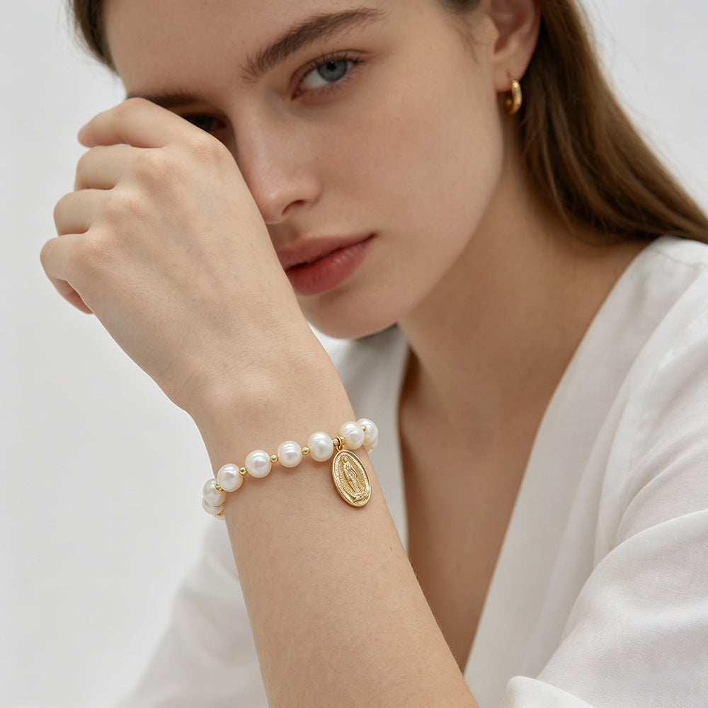 Handmade Customizable Fresh Water Pearl Bracelet With Brass Charm