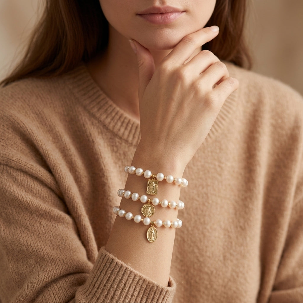 Handmade Customizable Fresh Water Pearl Bracelet With Brass Charm